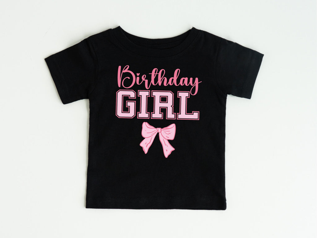 Custom Name and Age Birthday Girl Shirt, Pink Bow Coquette Birthday Tee, Personalized Birthday Girl Outfit, Varsity Birthday Shirt Gift