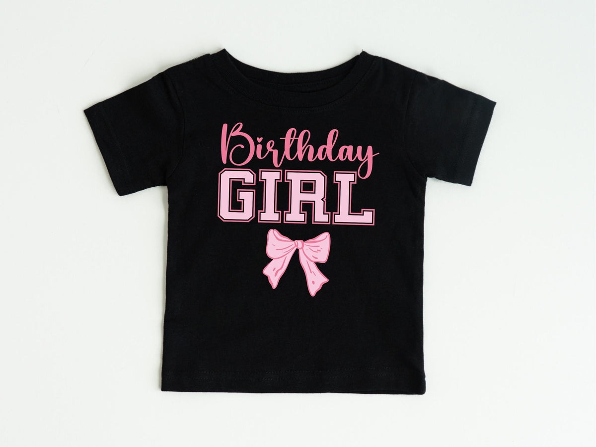 Custom Name and Age Birthday Girl Shirt, Pink Bow Coquette Birthday Tee, Personalized Birthday Girl Outfit, Varsity Birthday Shirt Gift