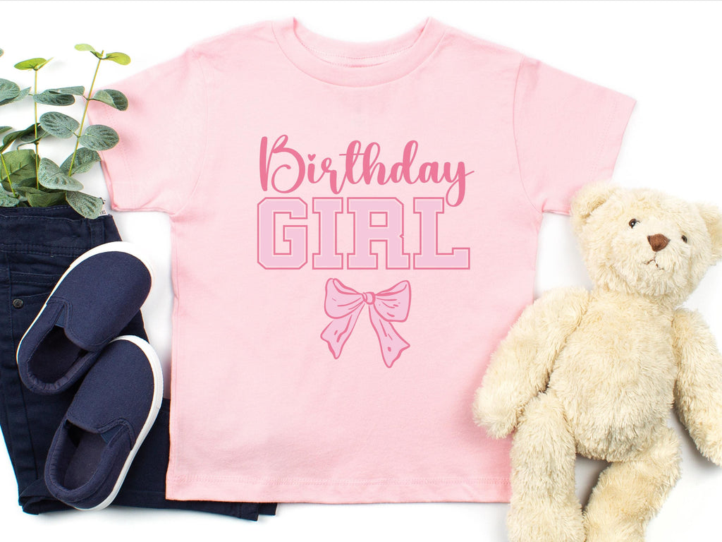 Custom Name and Age Birthday Girl Shirt, Pink Bow Coquette Birthday Tee, Personalized Birthday Girl Outfit, Varsity Birthday Shirt Gift