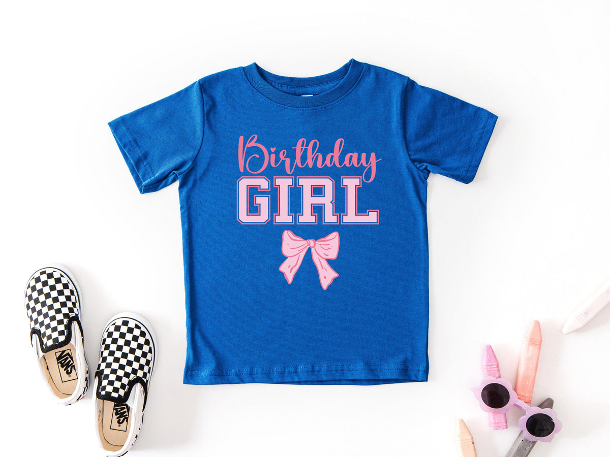 Custom Name and Age Birthday Girl Shirt, Pink Bow Coquette Birthday Tee, Personalized Birthday Girl Outfit, Varsity Birthday Shirt Gift