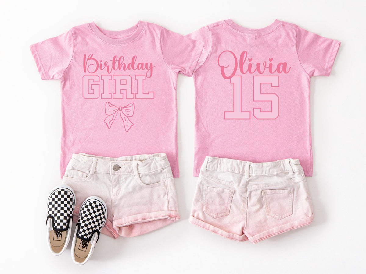 Custom Name and Age Birthday Girl Shirt, Pink Bow Coquette Birthday Tee, Personalized Birthday Girl Outfit, Varsity Birthday Shirt Gift