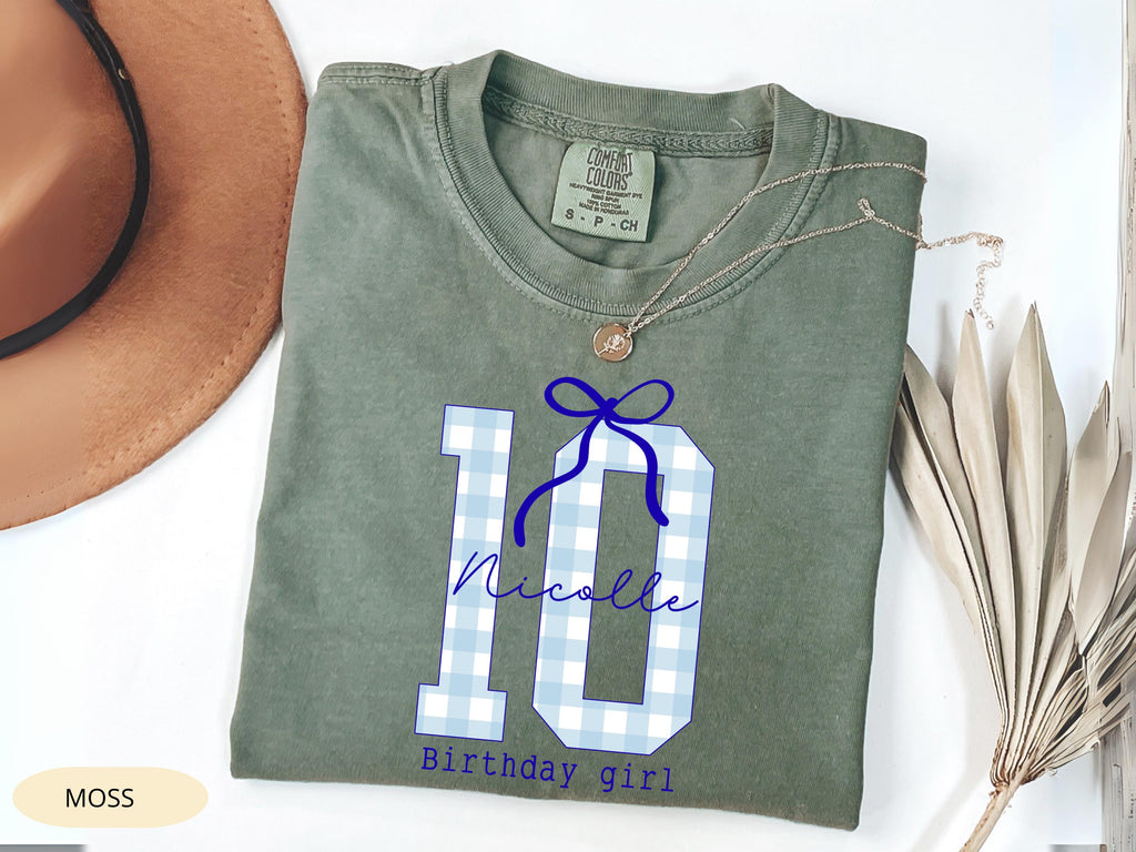 Personalized 10th Birthday Girl Shirt, Blue Bow, Custom Name