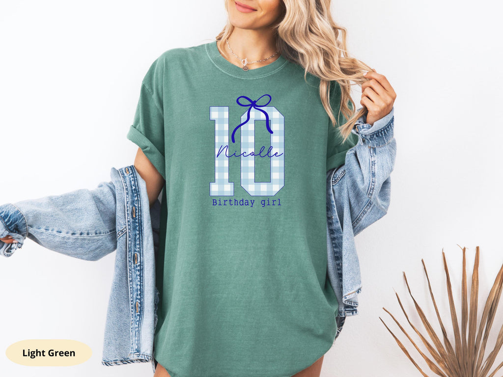 Personalized 10th Birthday Girl Shirt, Blue Bow, Custom Name
