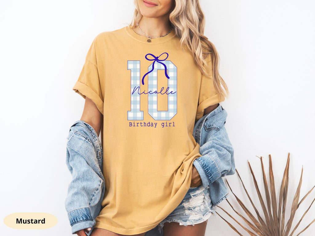 Personalized 10th Birthday Girl Shirt, Blue Bow, Custom Name
