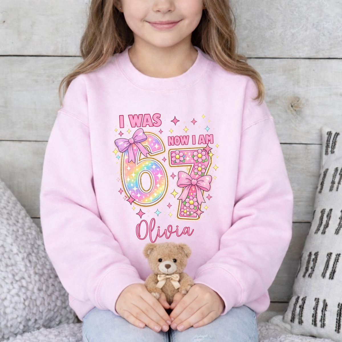 I Was 6 Now I Am 7 Birthday Girl Shirt, Custom Funny 7th Birthday Tshirt, 67 Tee, Alpha Kids Sweatshirt, Fun Trendy Birthday Meme Gift