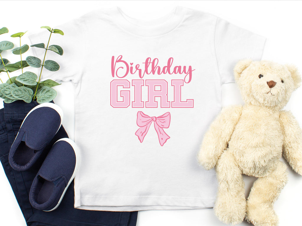 Custom Name and Age Birthday Girl Shirt, Pink Bow Coquette Birthday Tee, Personalized Birthday Girl Outfit, Varsity Birthday Shirt Gift