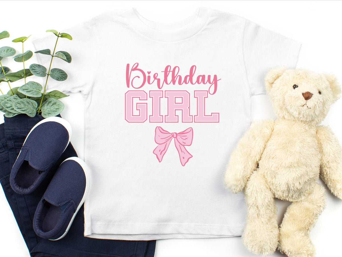 Custom Name and Age Birthday Girl Shirt, Pink Bow Coquette Birthday Tee, Personalized Birthday Girl Outfit, Varsity Birthday Shirt Gift