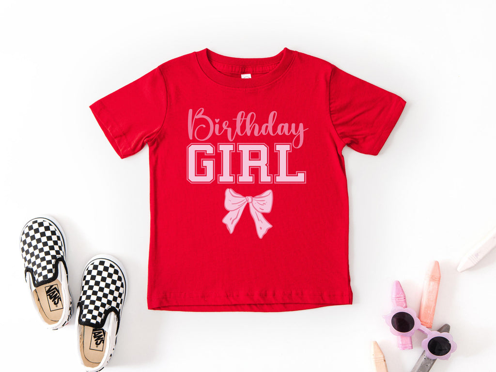 Custom Name and Age Birthday Girl Shirt, Pink Bow Coquette Birthday Tee, Personalized Birthday Girl Outfit, Varsity Birthday Shirt Gift