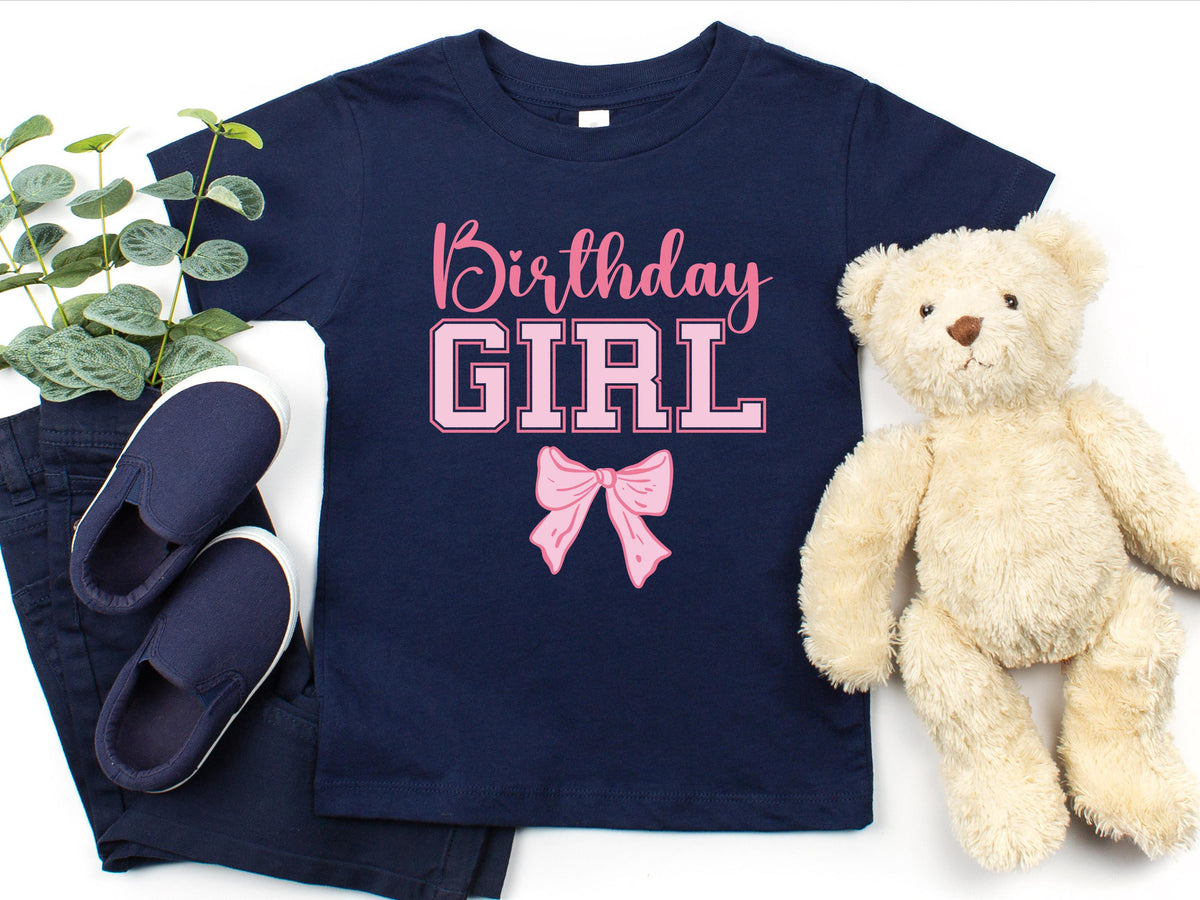 Custom Name and Age Birthday Girl Shirt, Pink Bow Coquette Birthday Tee, Personalized Birthday Girl Outfit, Varsity Birthday Shirt Gift