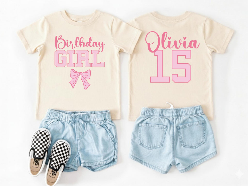 Custom Name and Age Birthday Girl Shirt, Pink Bow Coquette Birthday Tee, Personalized Birthday Girl Outfit, Varsity Birthday Shirt Gift