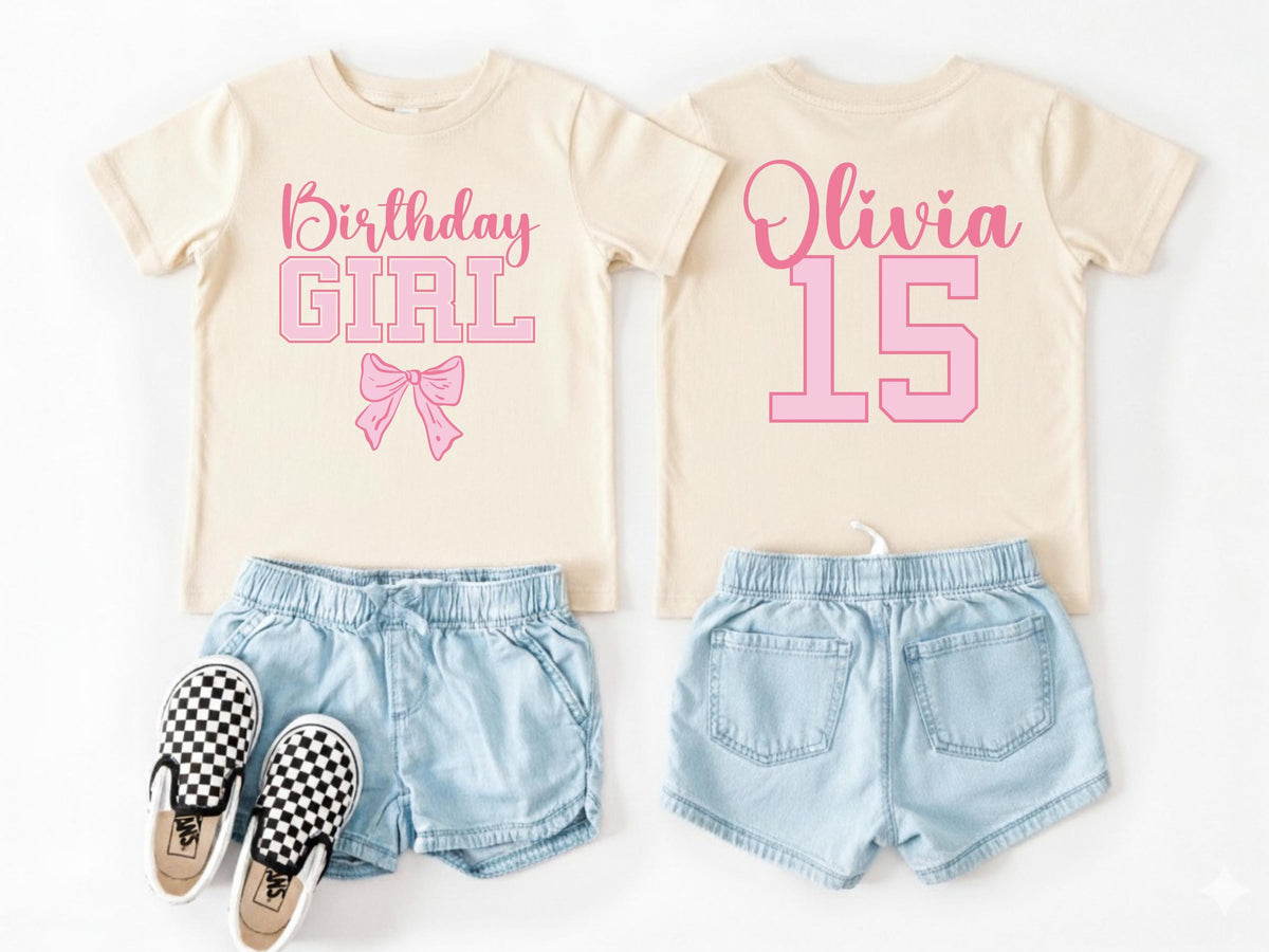 Custom Name and Age Birthday Girl Shirt, Pink Bow Coquette Birthday Tee, Personalized Birthday Girl Outfit, Varsity Birthday Shirt Gift