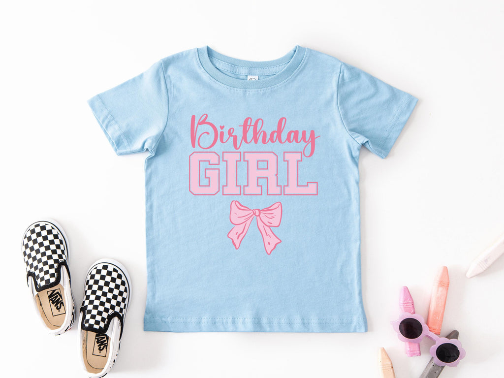 Custom Name and Age Birthday Girl Shirt, Pink Bow Coquette Birthday Tee, Personalized Birthday Girl Outfit, Varsity Birthday Shirt Gift