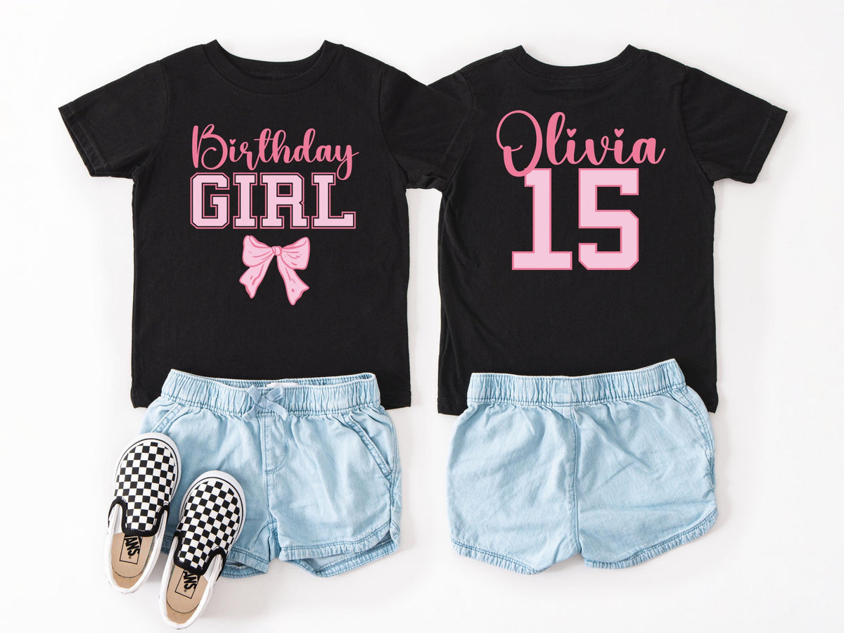Custom Name and Age Birthday Girl Shirt, Pink Bow Coquette Birthday Tee, Personalized Birthday Girl Outfit, Varsity Birthday Shirt Gift