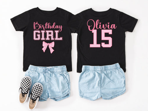 Custom Name and Age Birthday Girl Shirt, Pink Bow Coquette Birthday Tee, Personalized Birthday Girl Outfit, Varsity Birthday Shirt Gift