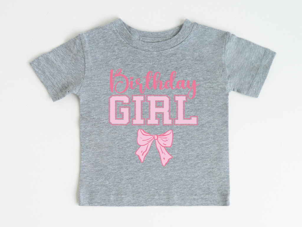 Custom Name and Age Birthday Girl Shirt, Pink Bow Coquette Birthday Tee, Personalized Birthday Girl Outfit, Varsity Birthday Shirt Gift