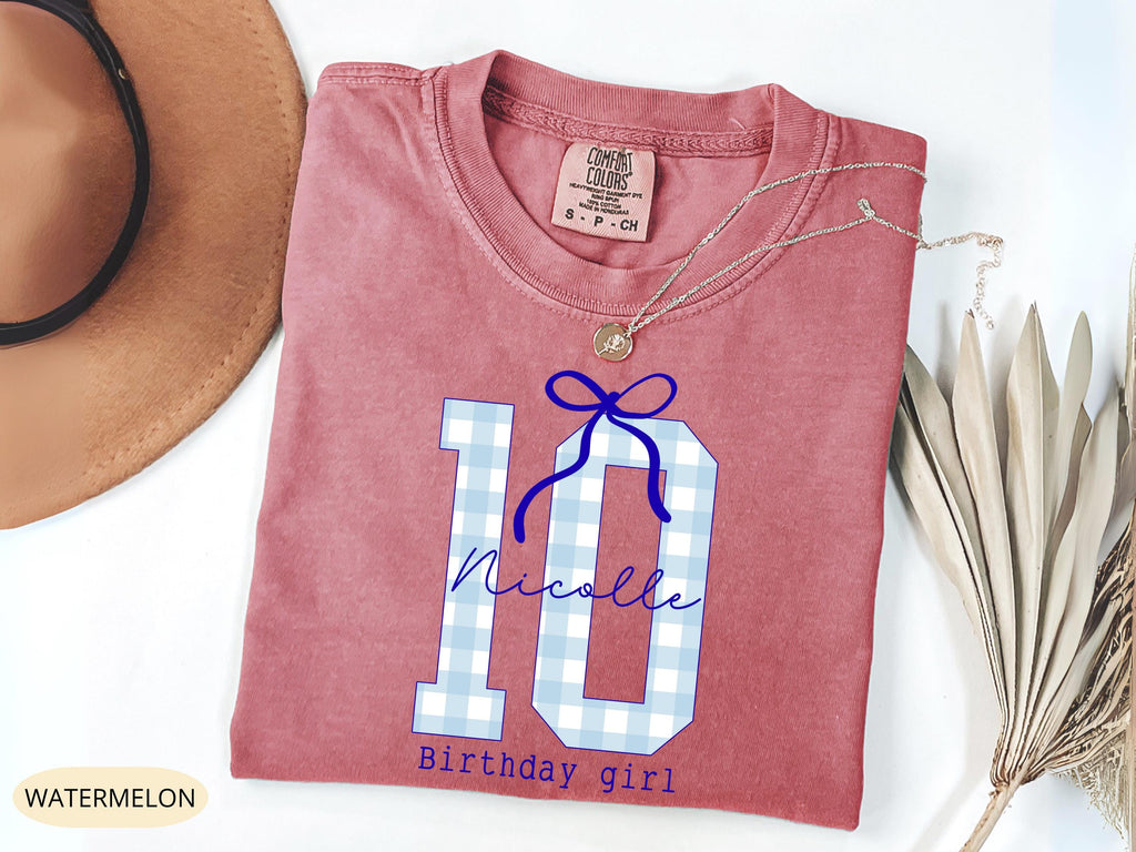 Personalized 10th Birthday Girl Shirt, Blue Bow, Custom Name