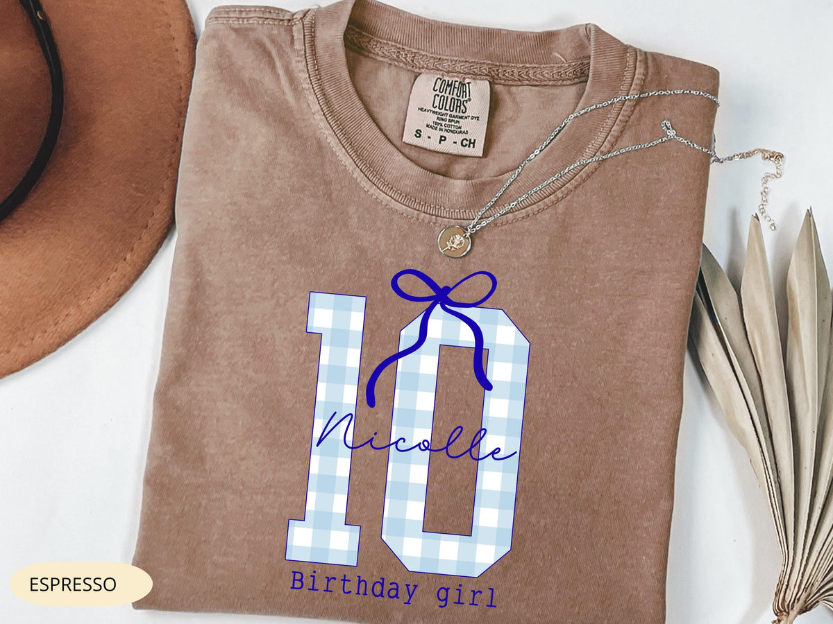 Personalized 10th Birthday Girl Shirt, Blue Bow, Custom Name