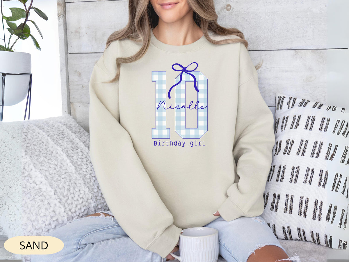 Personalized 10th Birthday Girl Shirt, Blue Bow, Custom Name