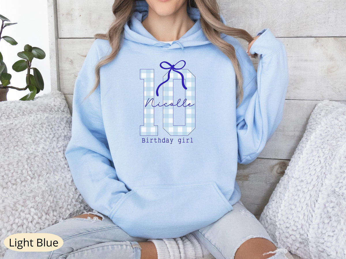 Personalized 10th Birthday Girl Shirt, Blue Bow, Custom Name