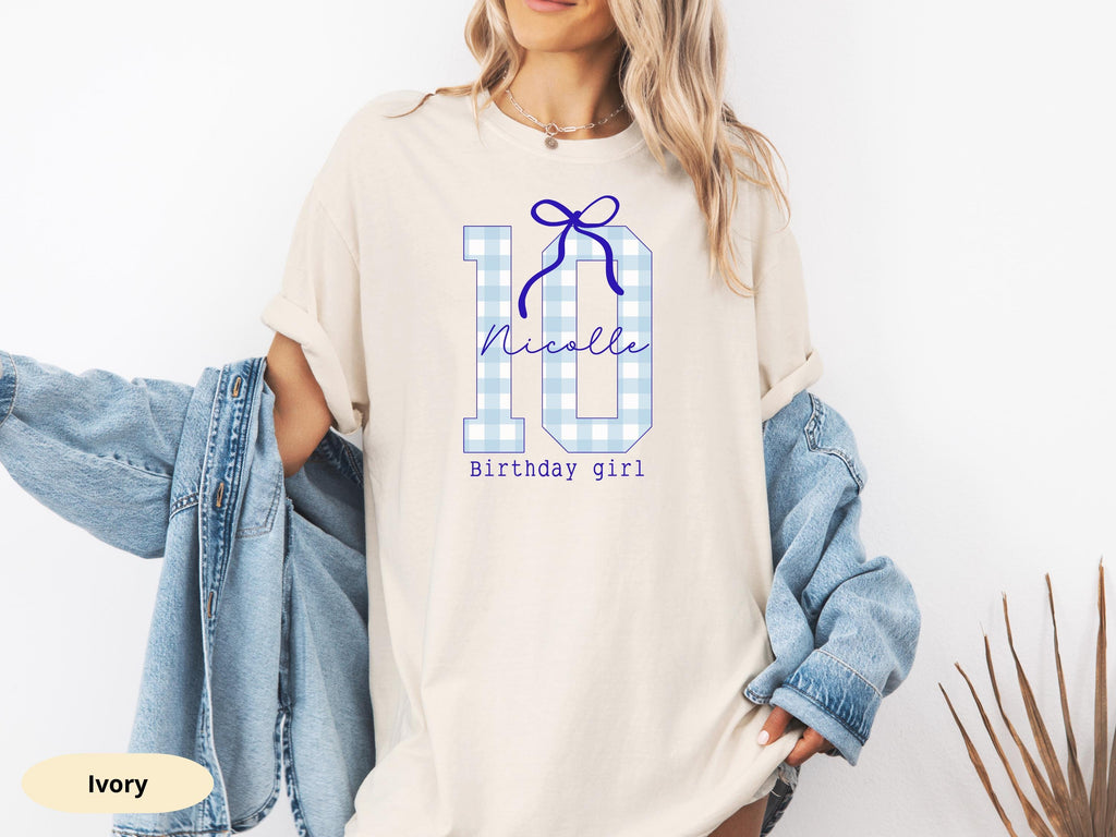 Personalized 10th Birthday Girl Shirt, Blue Bow, Custom Name