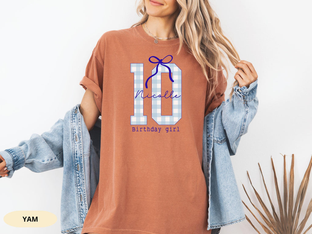 Personalized 10th Birthday Girl Shirt, Blue Bow, Custom Name