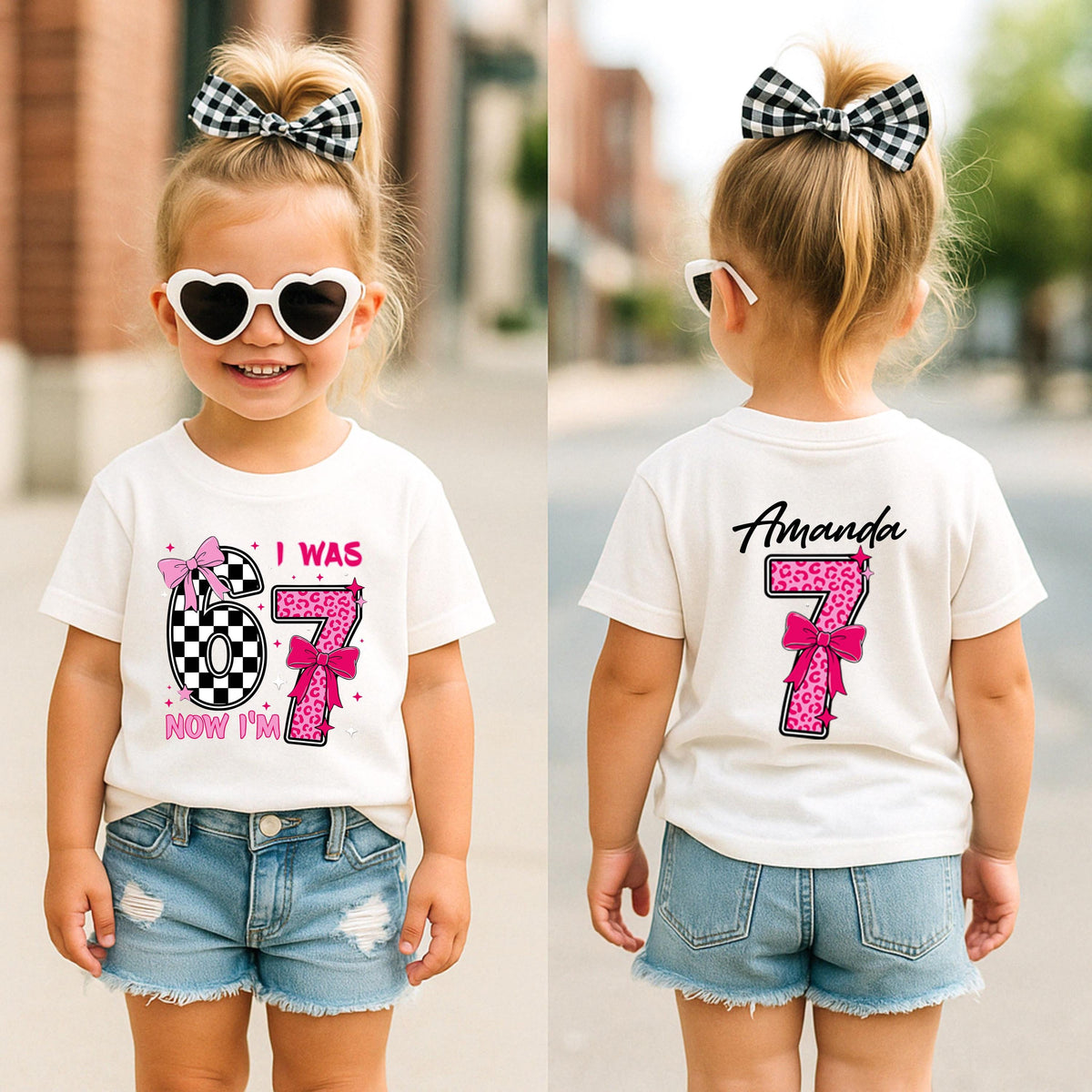 Personalized I Was 6 Now I'm 7 Girls Birthday T-Shirt, Matching Family Shirt, Funny 7th Turning Seven Meme