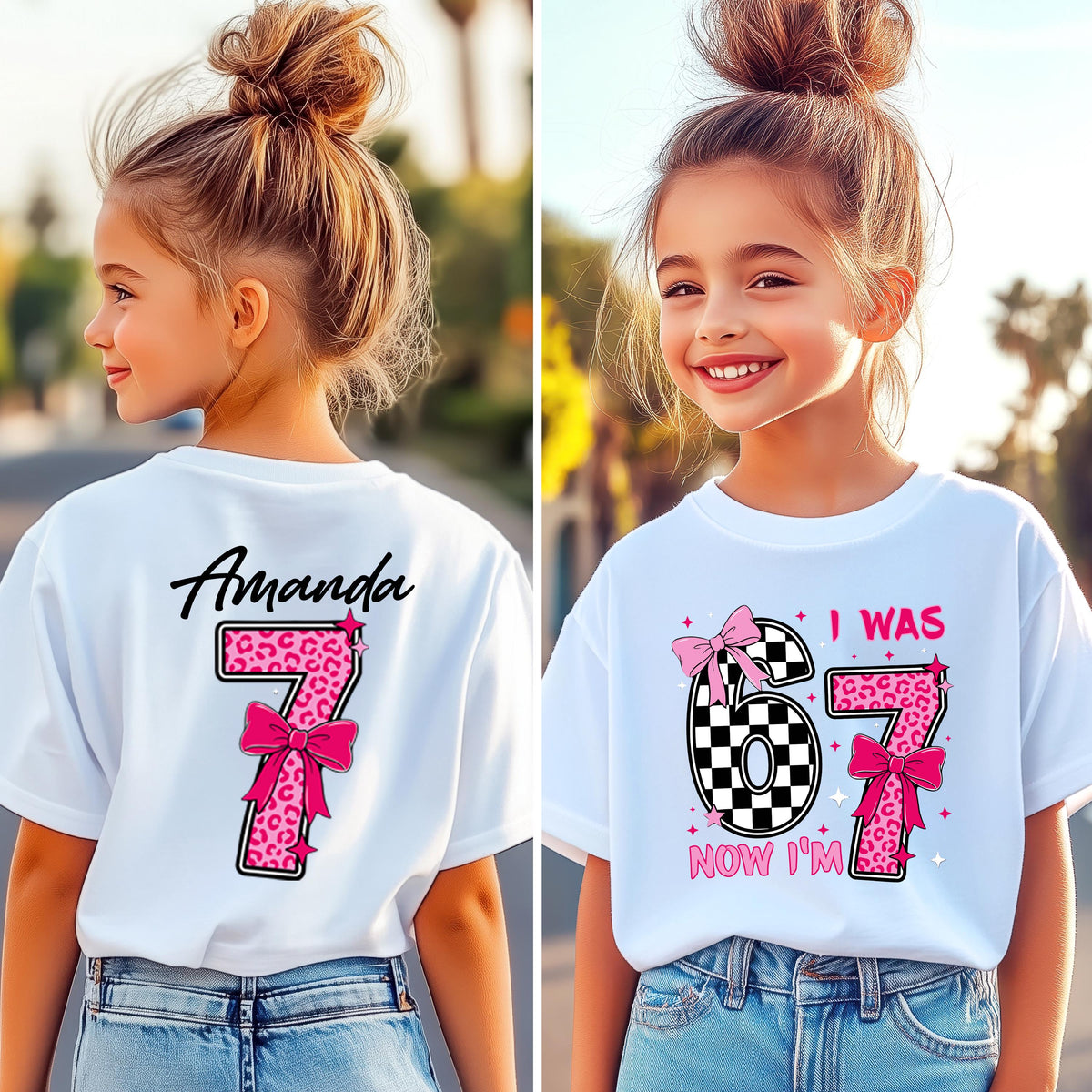 Personalized I Was 6 Now I'm 7 Girls Birthday T-Shirt, Matching Family Shirt, Funny 7th Turning Seven Meme