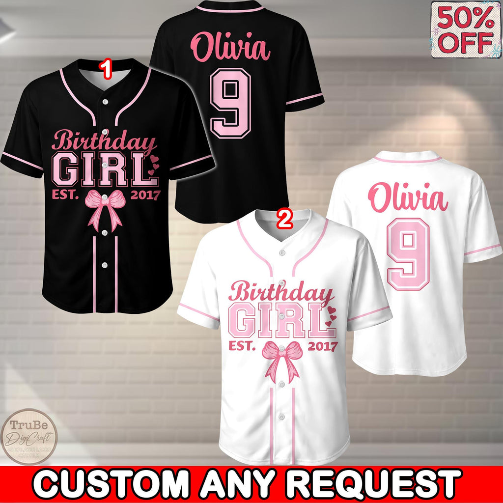 Personalized Birthday Girl Baseball Jersey, Chapter Year Pink Bow Birthday Daughter Jersey, Birthday Party Outfit, Unique Bday Girl Jersey