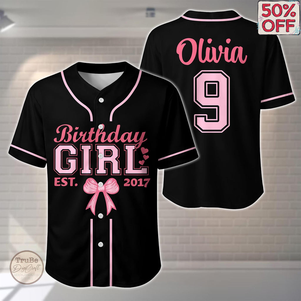 Personalized Birthday Girl Baseball Jersey, Chapter Year Pink Bow Birthday Daughter Jersey, Birthday Party Outfit, Unique Bday Girl Jersey
