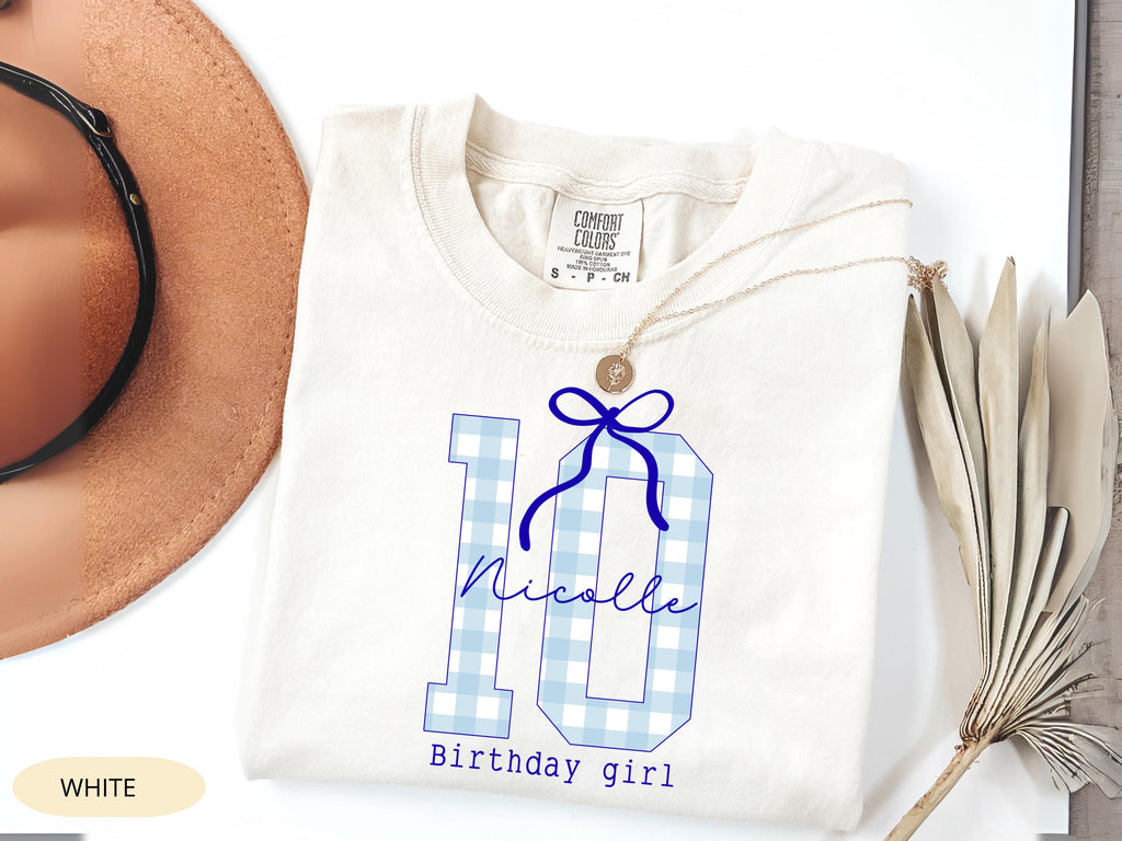 Personalized 10th Birthday Girl Shirt, Blue Bow, Custom Name