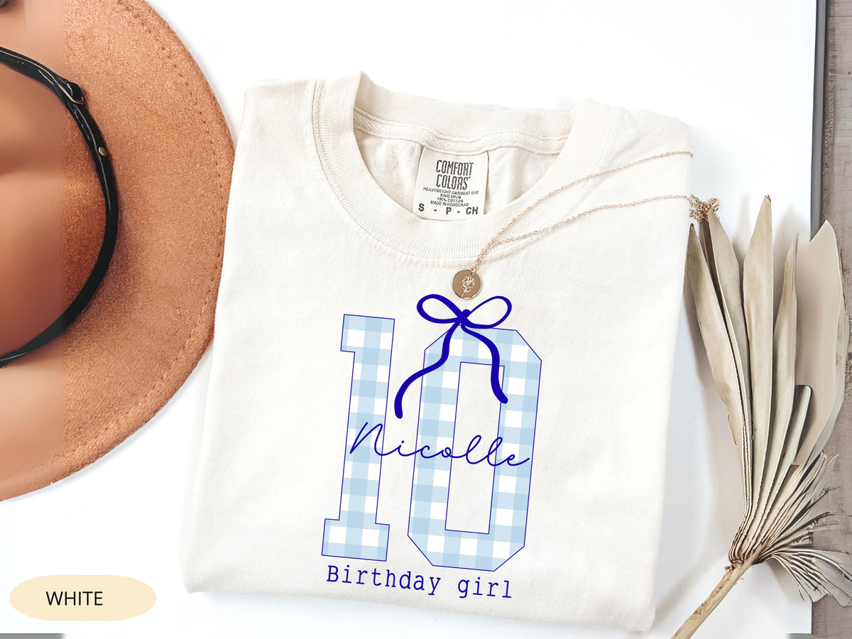 Personalized 10th Birthday Girl Shirt, Blue Bow, Custom Name