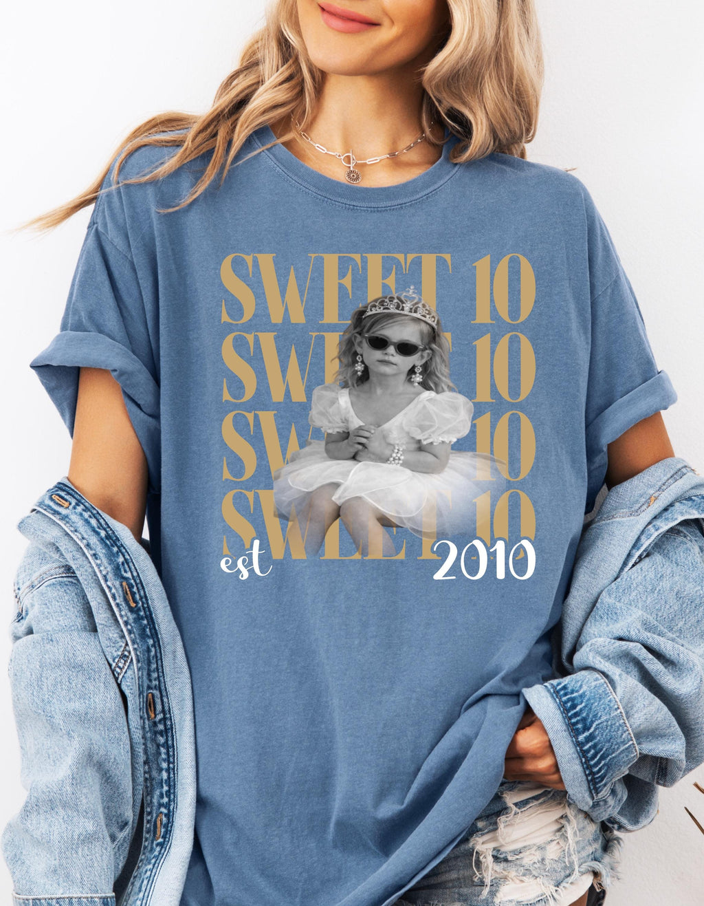 Personalised Vintage Photo And Year T-Shirt, Sweet Ten Comfort Colors Shirt, 10th Birthday Shirt, Group Turning 16 Bday